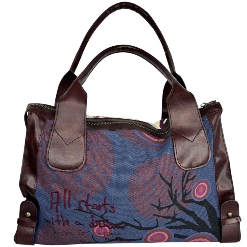 Desigual Embroidered Floral Pattern Faux Leather Trim Double Handle Shoulder Bag - Picture 5 of 14